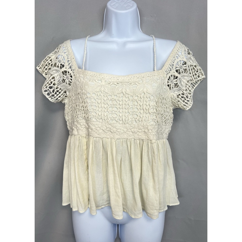 American Eagle Babydoll Womens  Lace Y2K‎ Cream Crop Top Sz Small Crochet